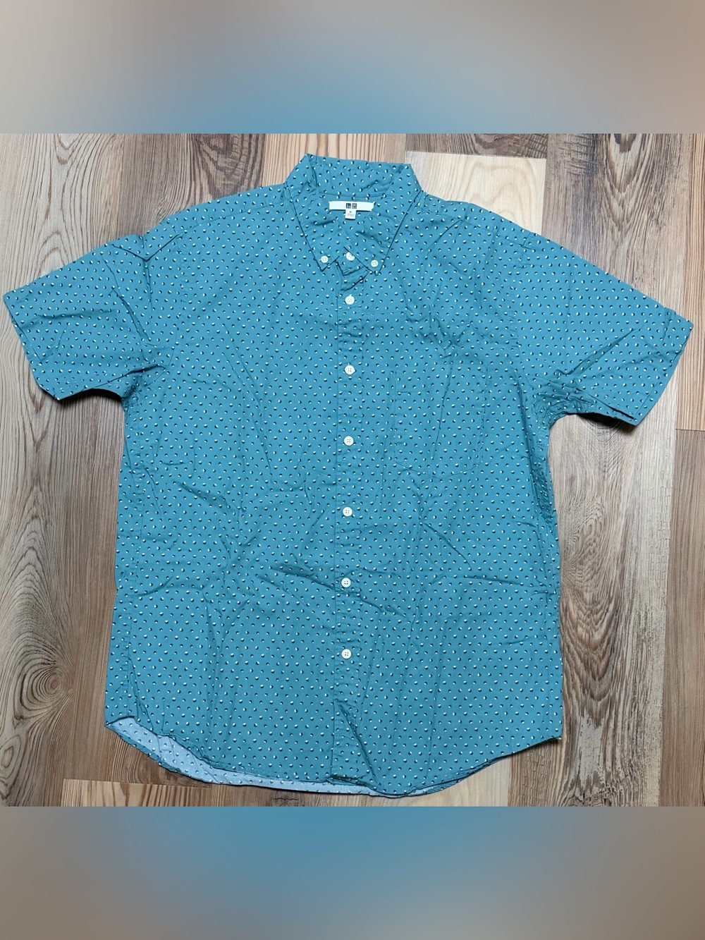 UNIQLO Men XL Teal Blue Geometric Dot Print Short Sleeve Button Down Shirt